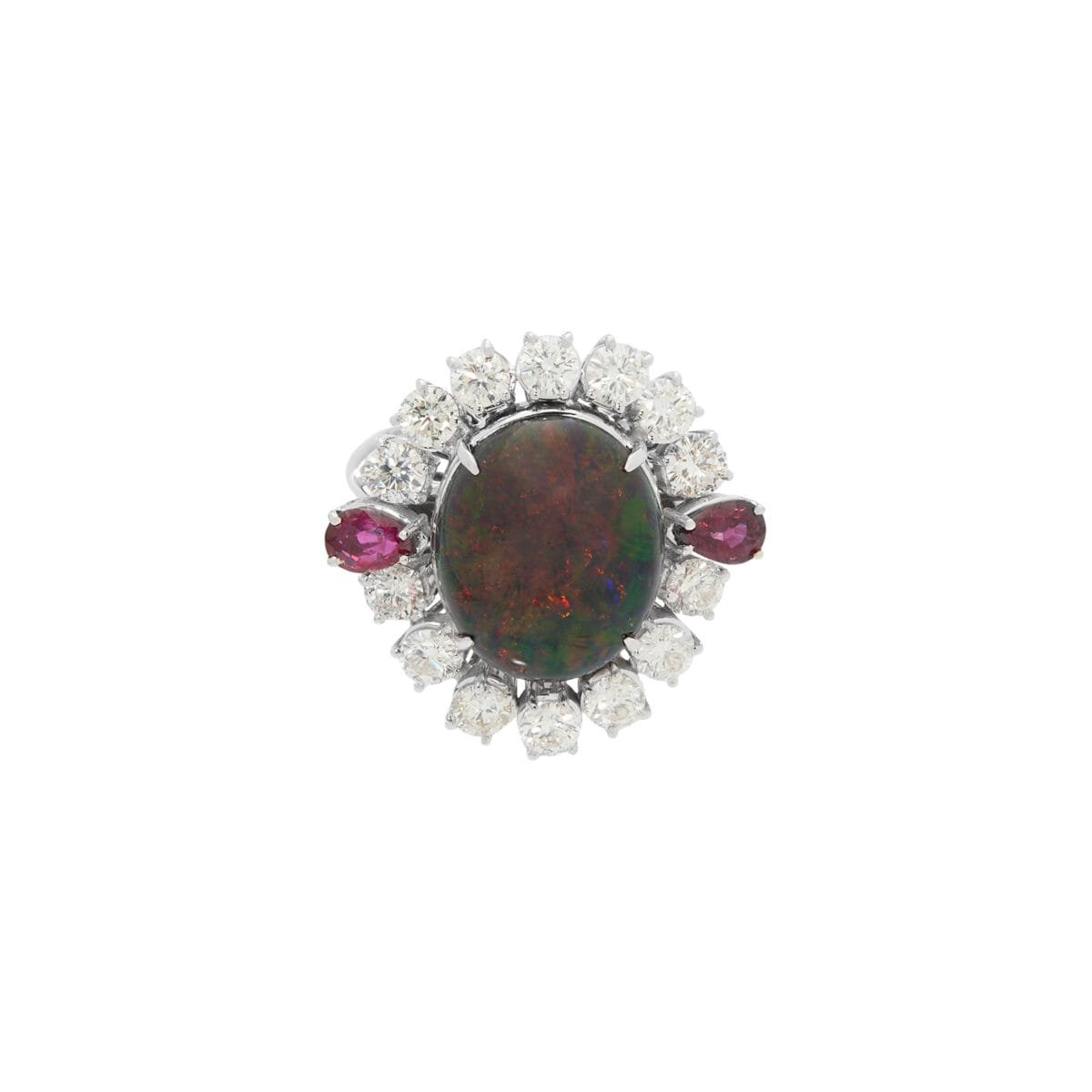 Anello repossi con opale arcobaleno cabochon centrale circondato da diamanti e rubini a goccia laterali-1