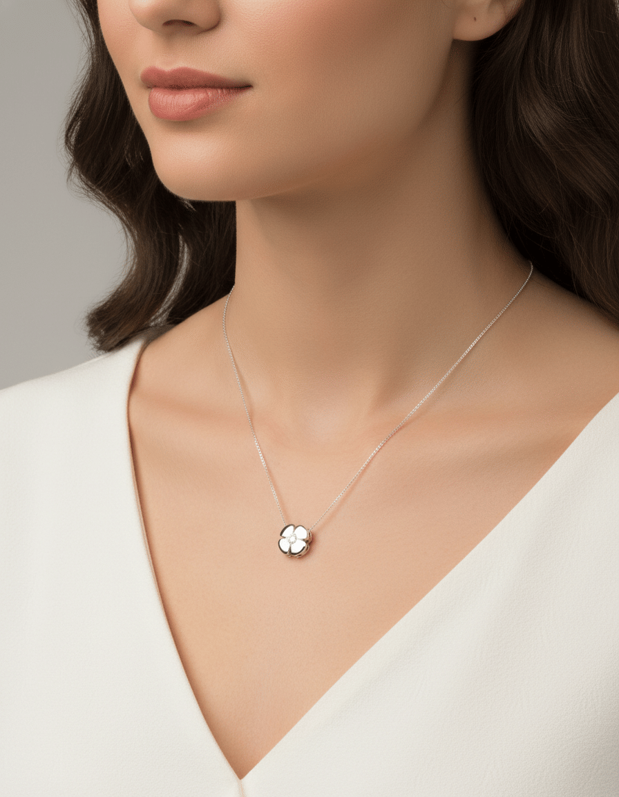 Catenina in oro bianco con ciondolo a quadrifoglio con diamante-3