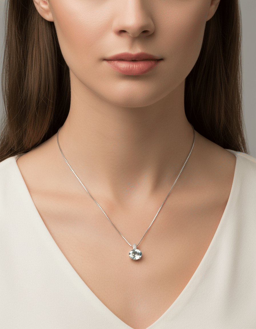 Catenina veneziana in oro bianco con pendente acquamarina ovale e diamanti-3