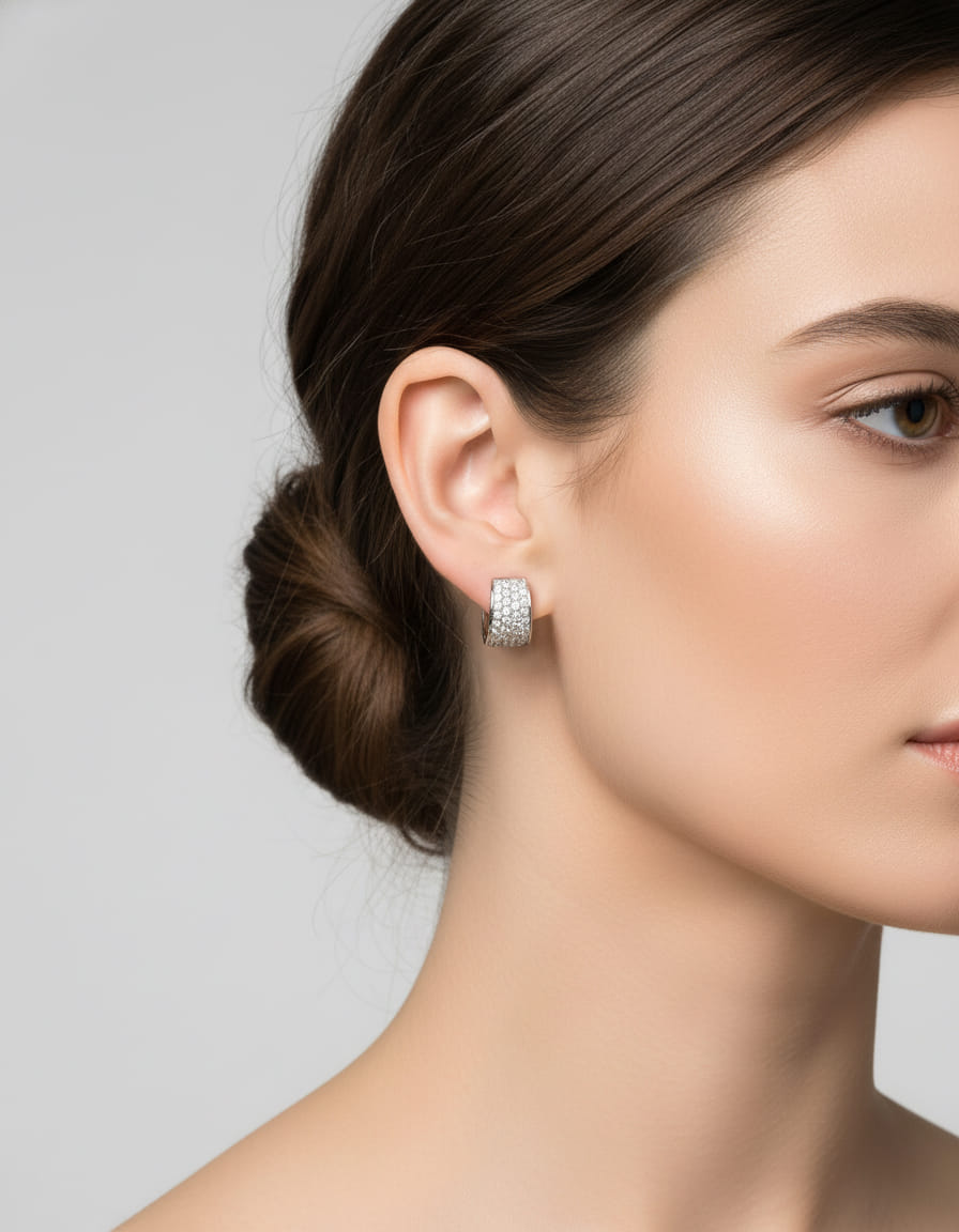 Orecchini a cerchietto piatti oro bianco e pavé di diamanti-3