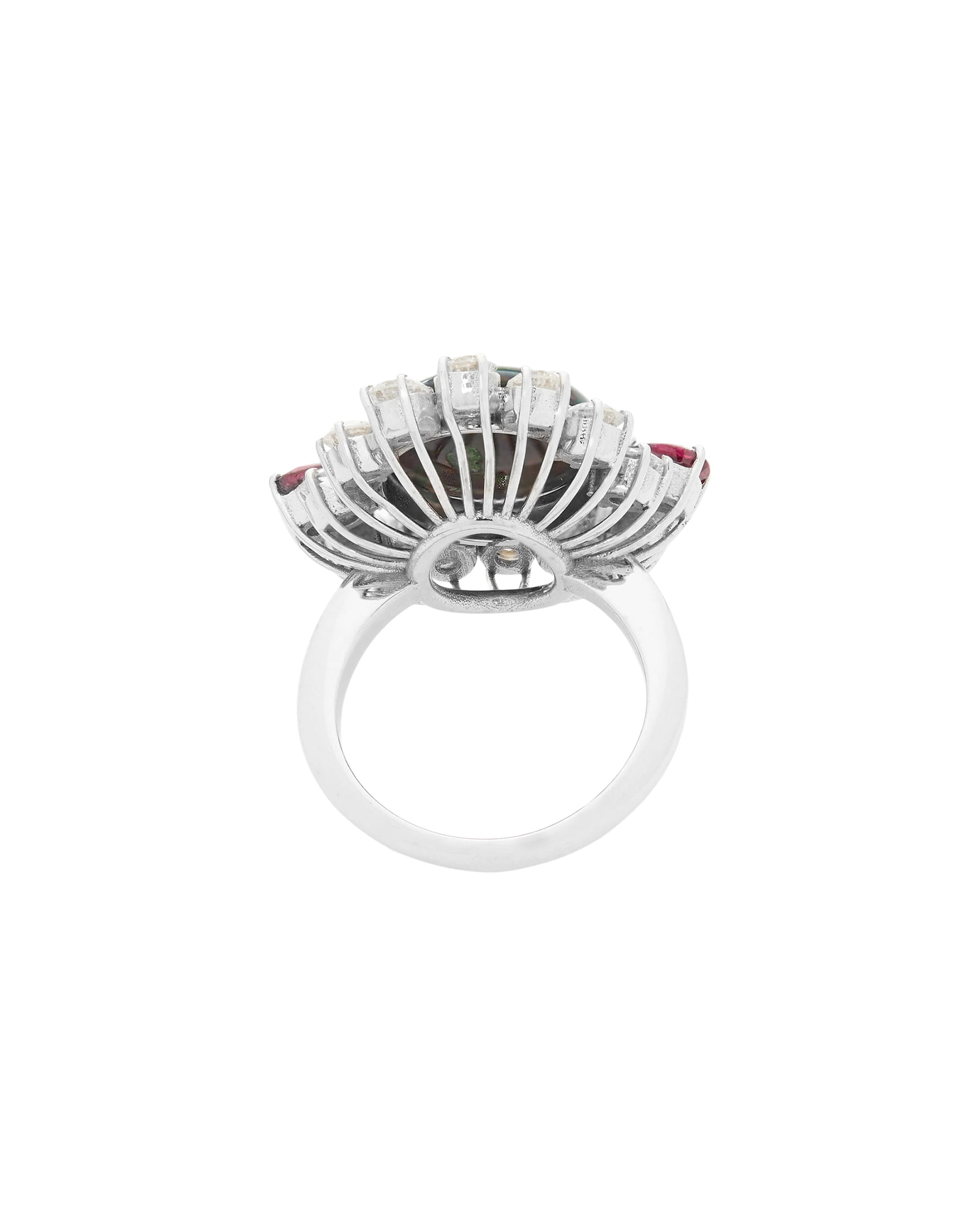 Anello repossi con opale arcobaleno cabochon centrale circondato da diamanti e rubini a goccia laterali-3
