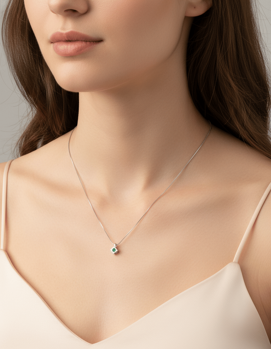 Catenina in oro bianco con ciondolo puntoluce a rombo con smeraldo-3