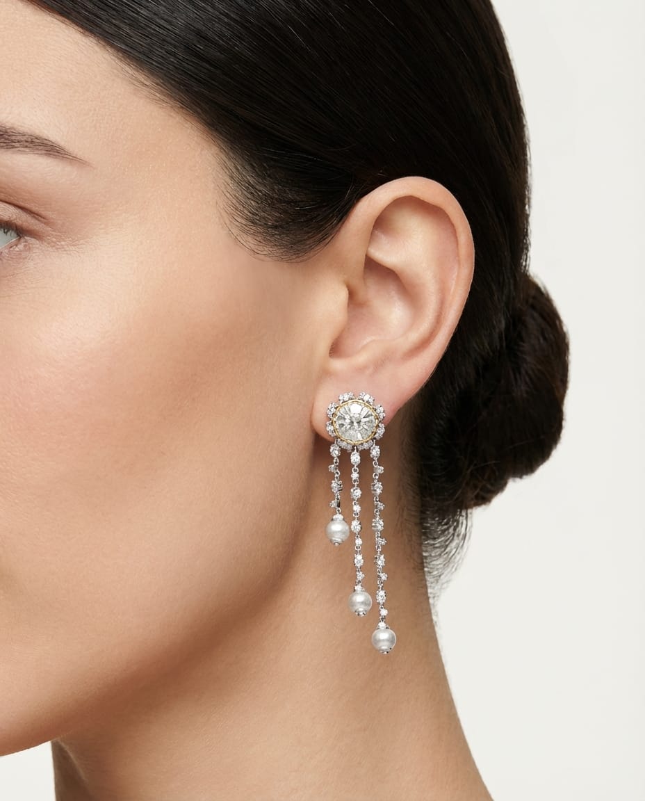 Orecchini pendenti in oro bianco satinato e oro giallo con diamanti-3