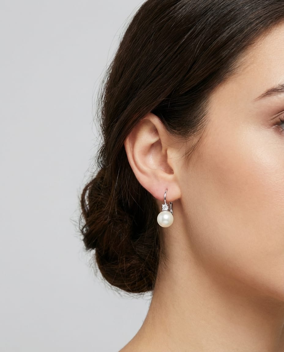 Orecchini a clip oro bianco, diamanti e perle 8,35 mm-3