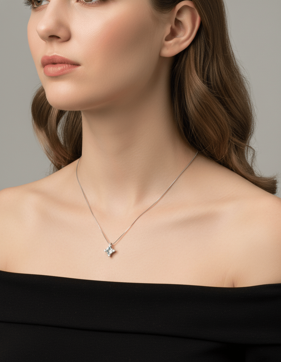 Catenina in oro bianco con pendente di acquamarina princess e diamanti-3