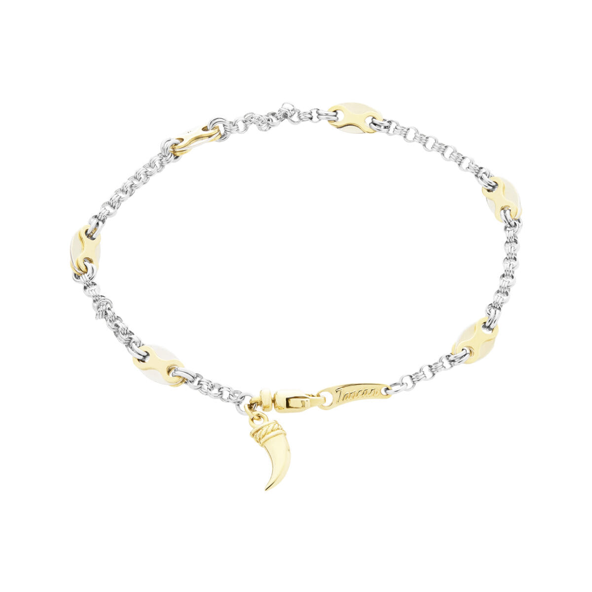 Bracciale zancan in oro bianco e giallo con ciondolo corno-1