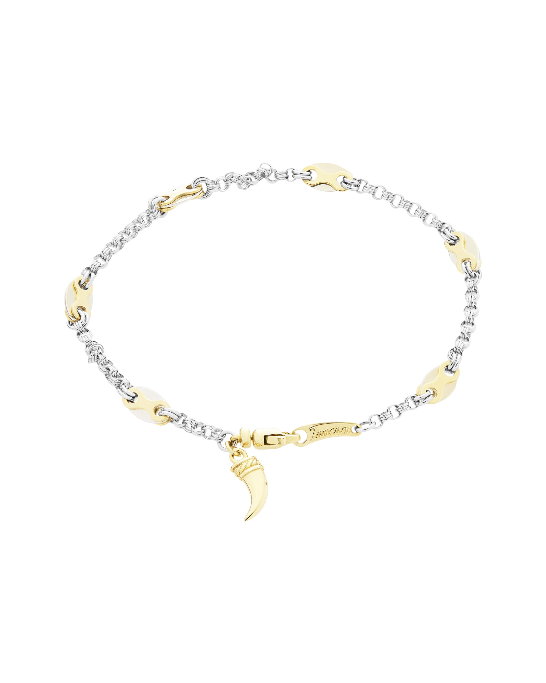 Bracciale zancan in oro bianco e giallo con ciondolo corno-1