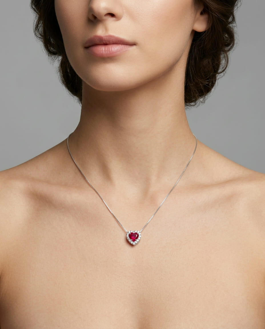 Collana oro bianco con rubino sintetico e cubic zirconia-3