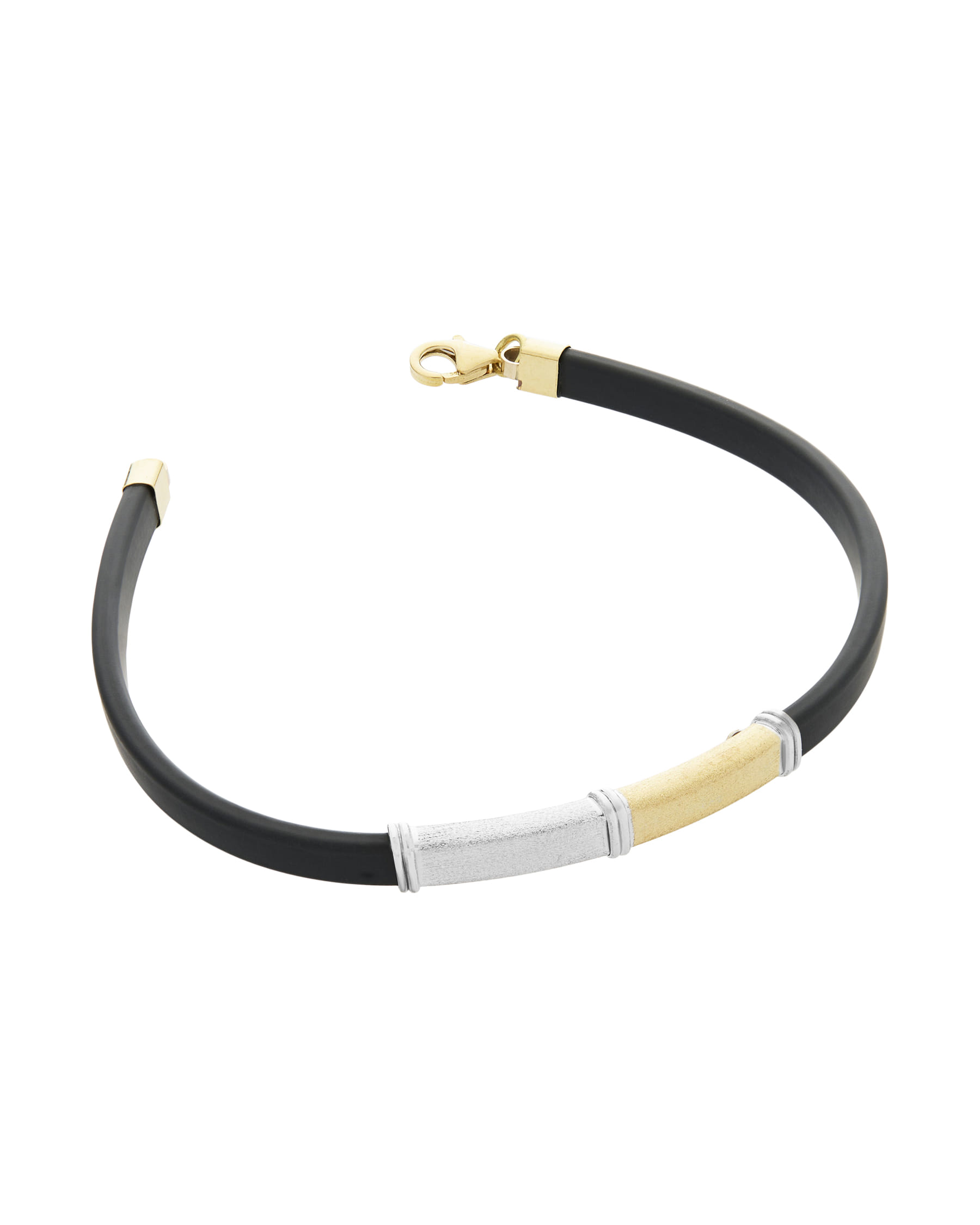 Bracciale con cordino in caucciù e barretta centrale in oro bicolore satinato e lucido-2