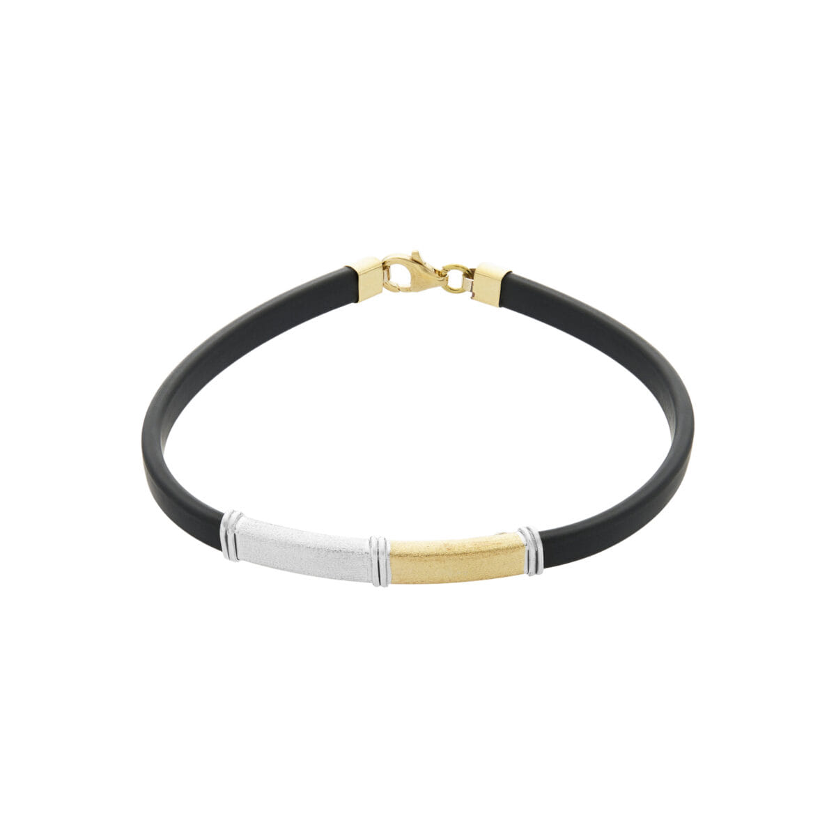 Bracciale con cordino in caucciù e barretta centrale in oro bicolore satinato e lucido-1