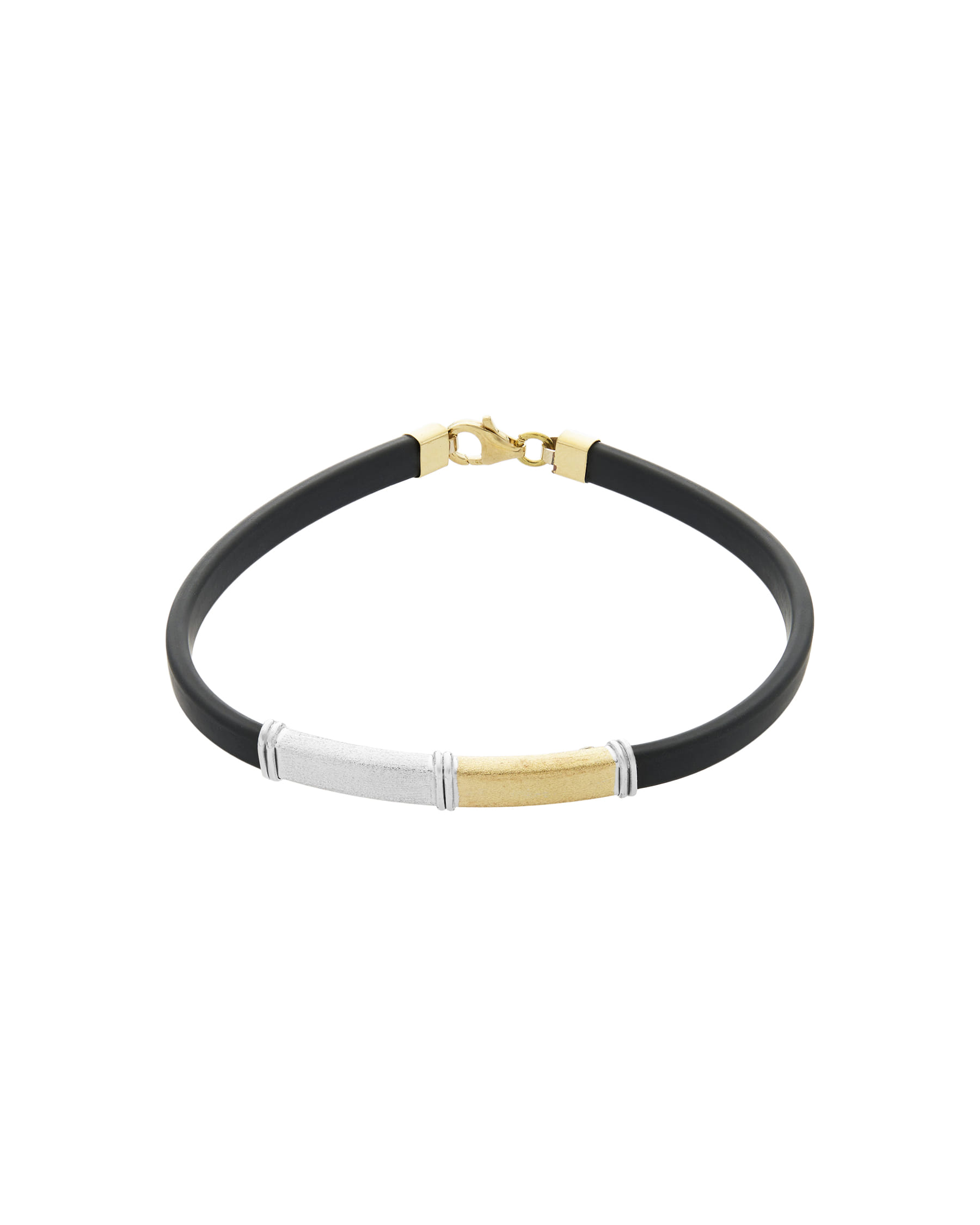 Bracciale con cordino in caucciù e barretta centrale in oro bicolore satinato e lucido-1