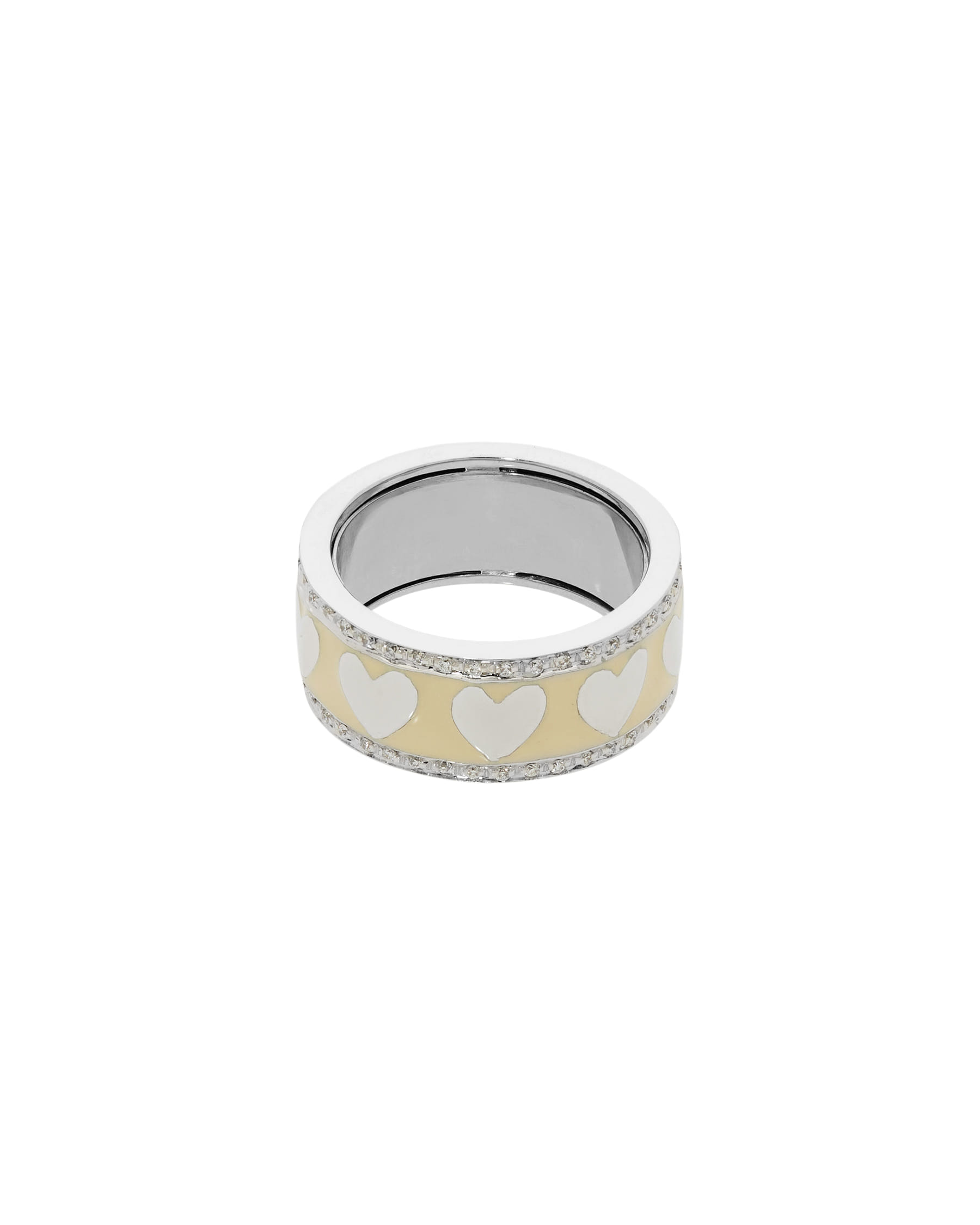 Anello fascia in oro bianco e smalto con cuori e diamanti-1