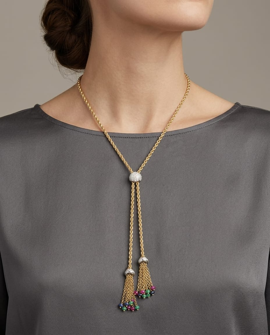 Collana torchon sali e scendi in oro giallo con diamanti, rubini, zaffiri e smeraldi-3