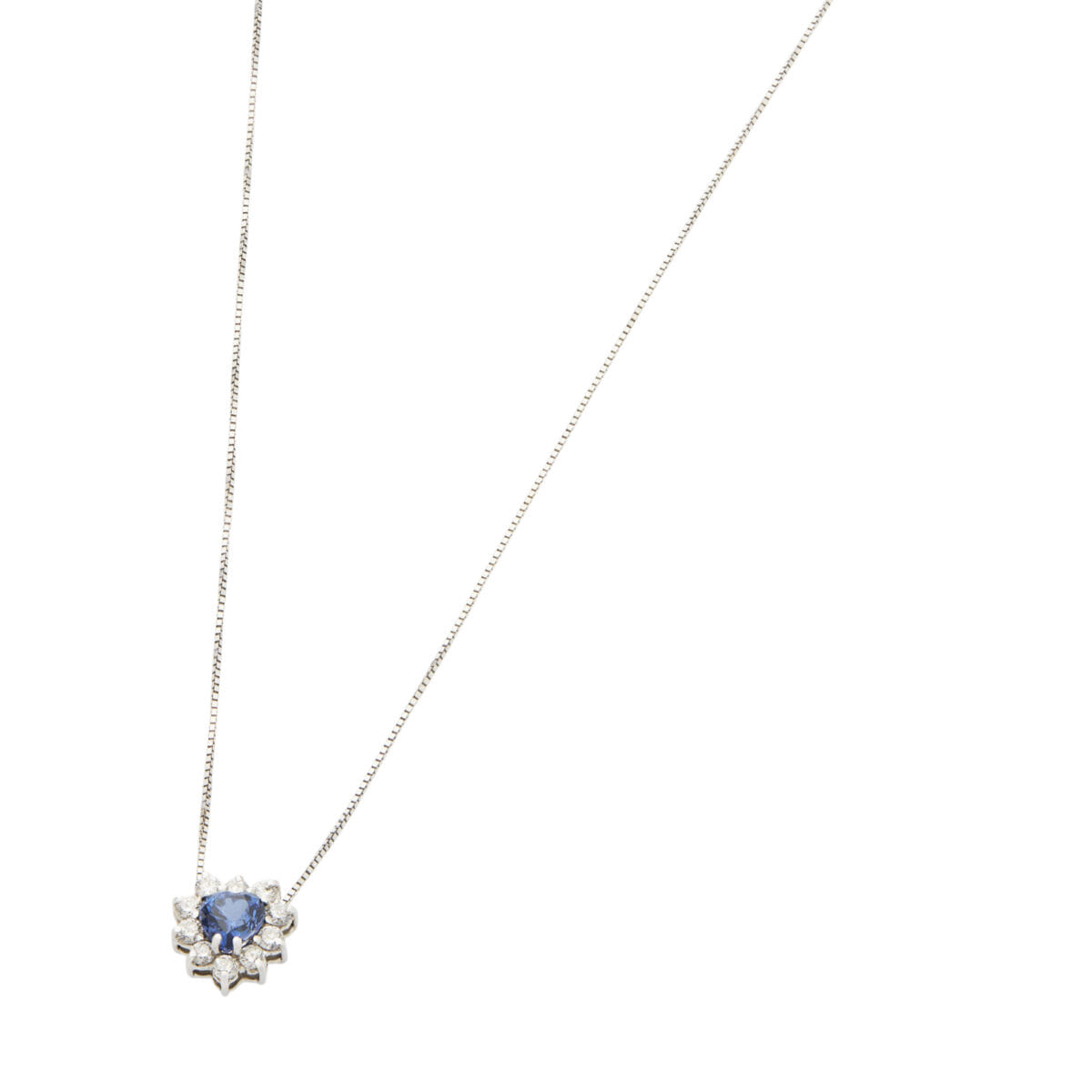 Catenina in oro bianco con ciondolo cuore zaffiro e diamanti-1