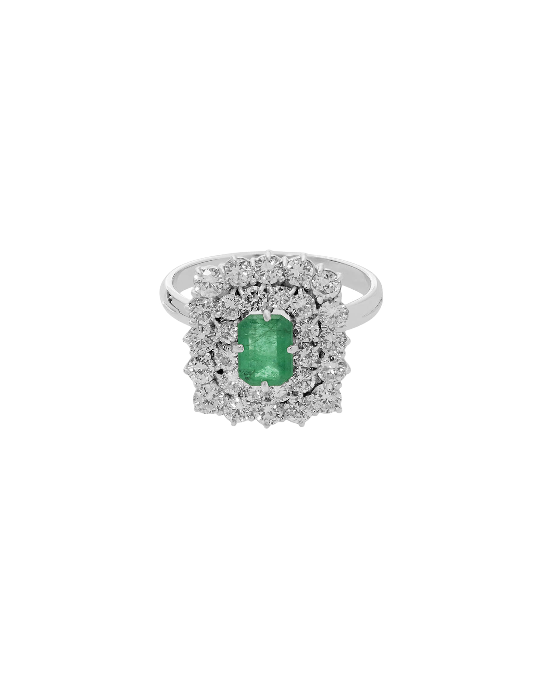 Anello fiore oro bianco con smeraldo centrale e doppio giro di diamanti-1