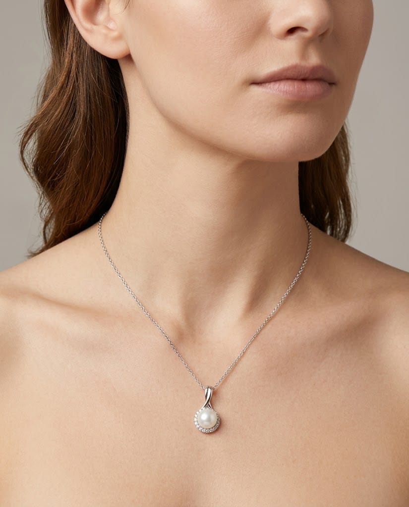 Catenina in oro bianco e pendente con perla e diamanti-3