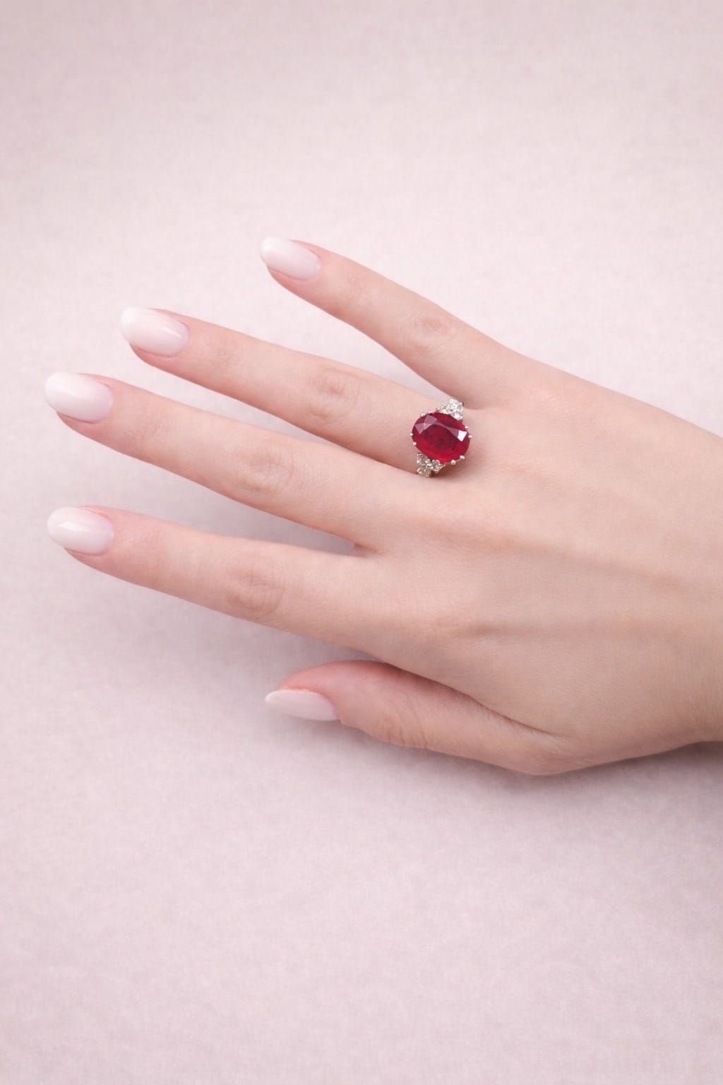 Anello in oro bianco con rubino ovale centrale e diamanti laterali-4