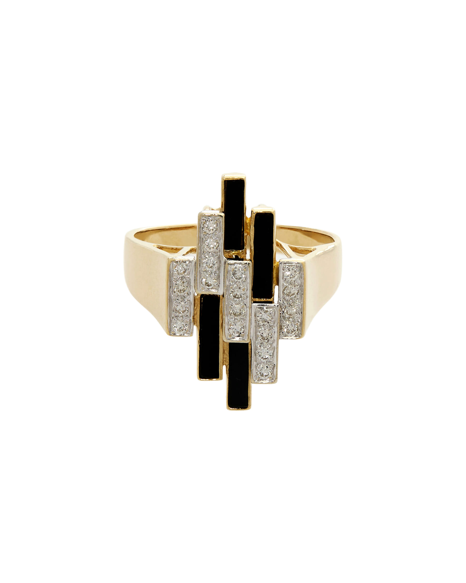 Anello design in oro giallo e bianco 14 kt con diamanti e onice-1