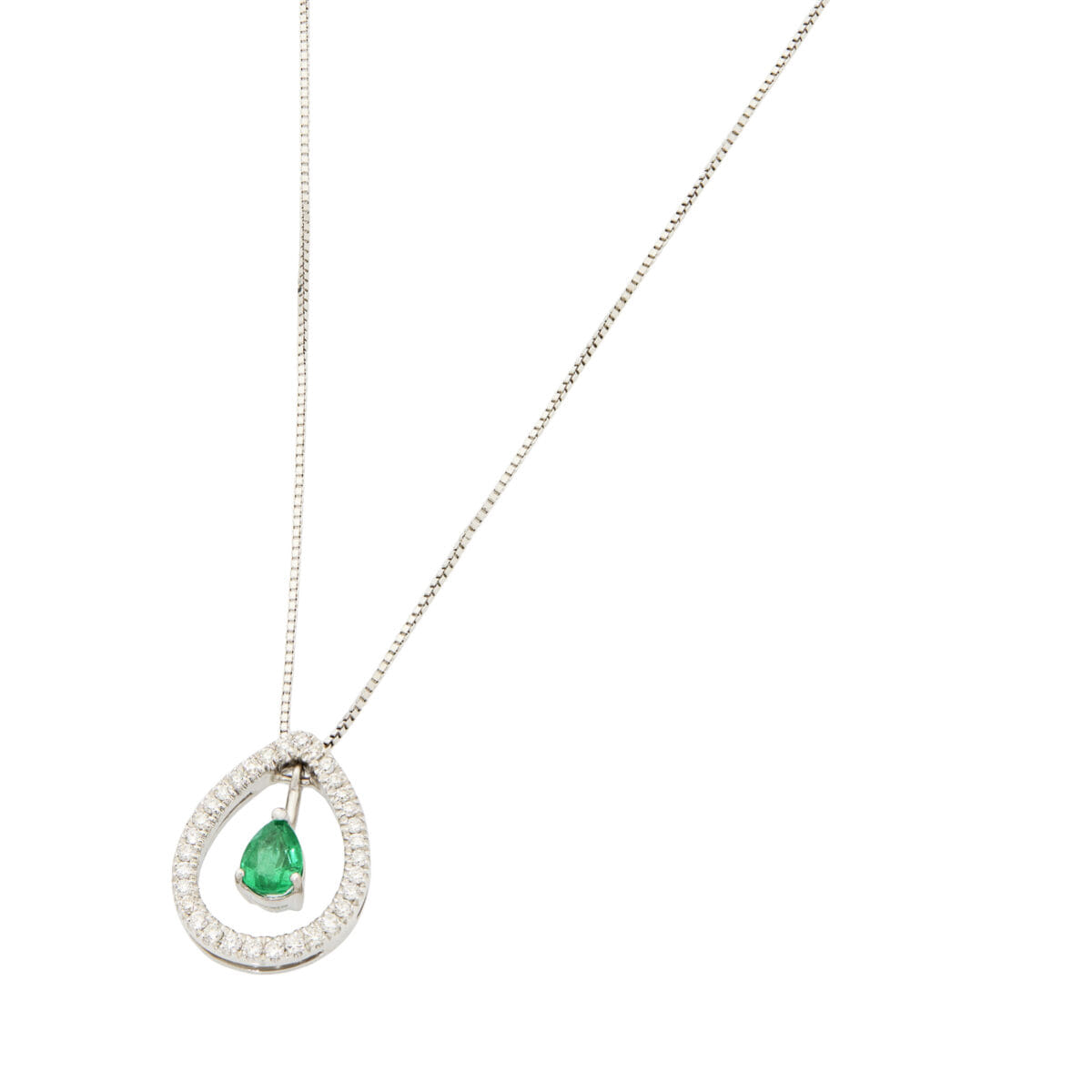 Catenina veneziana in oro bianco e ciondolo a goccia con diamanti e smeraldo-1