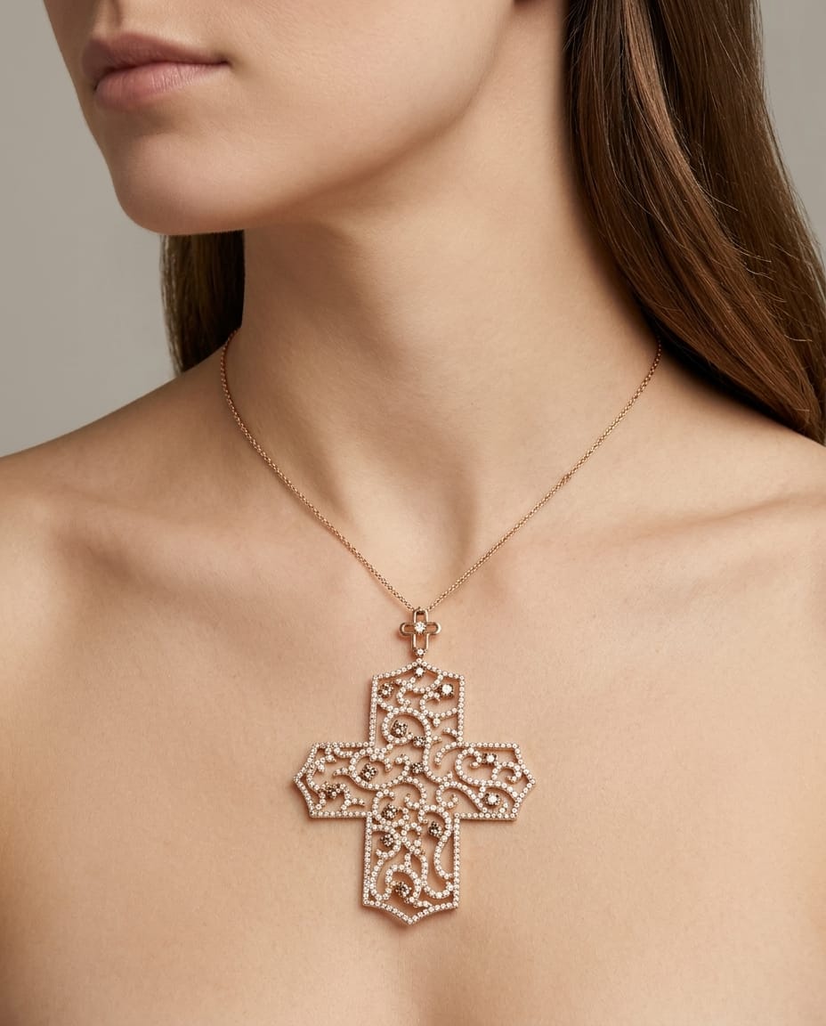 Collana croce crivelli in oro rosa con diamanti ice e brown-4