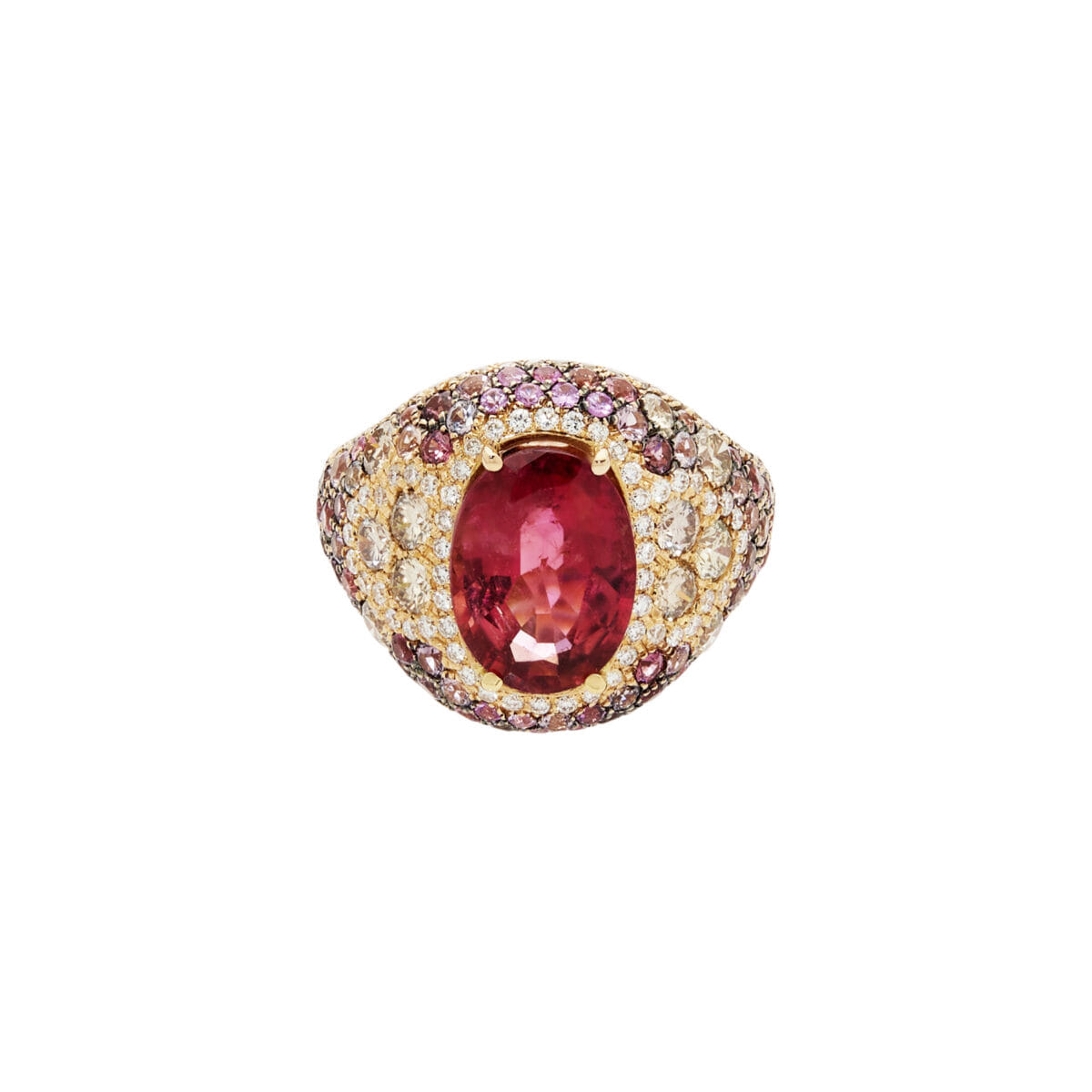 Anello cocktail in oro rosa con rubellite, diamanti champagne e zaffiri rosa-1