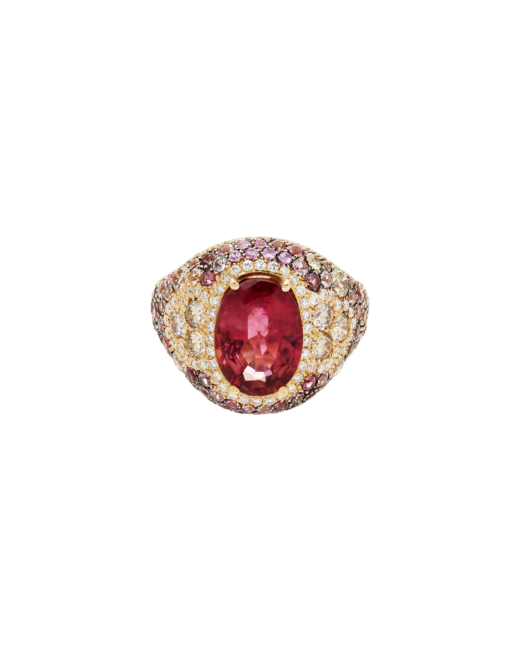 Anello cocktail in oro rosa con rubellite, diamanti champagne e zaffiri rosa-1