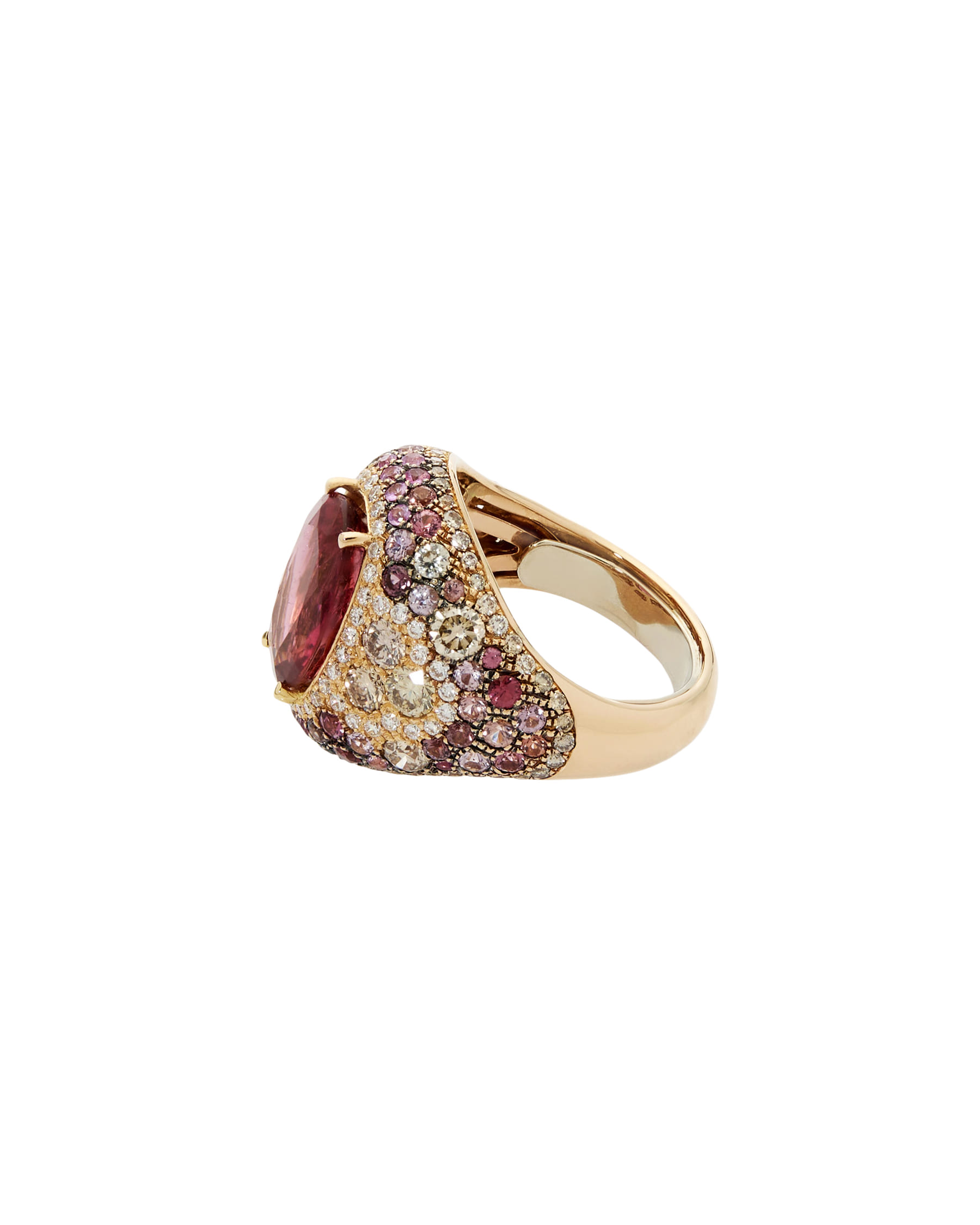 Anello cocktail in oro rosa con rubellite, diamanti champagne e zaffiri rosa-2