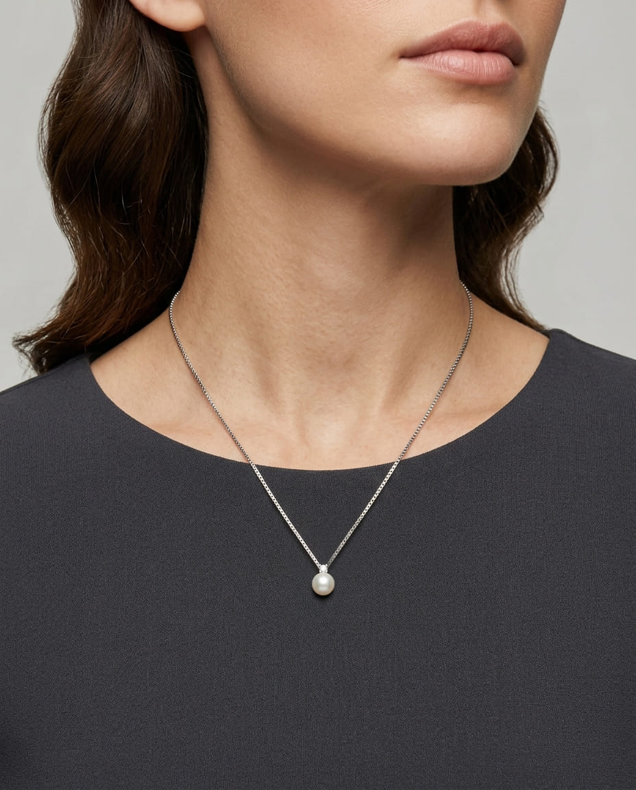 Catenina in oro bianco e ciondolo con diamante e perla 6 mm-3