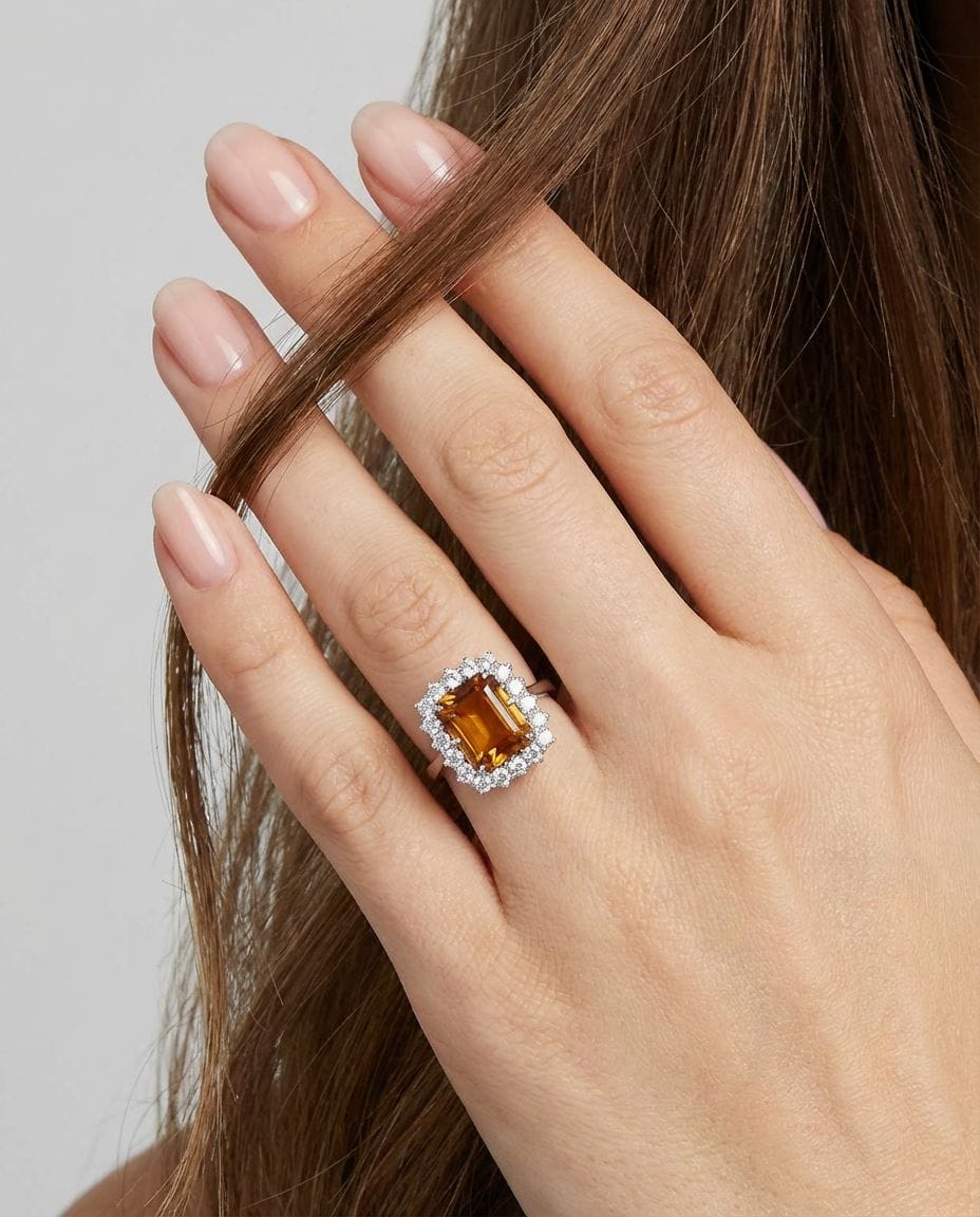 Anello in oro bianco con quarzo citrino e contorno di diamanti-4