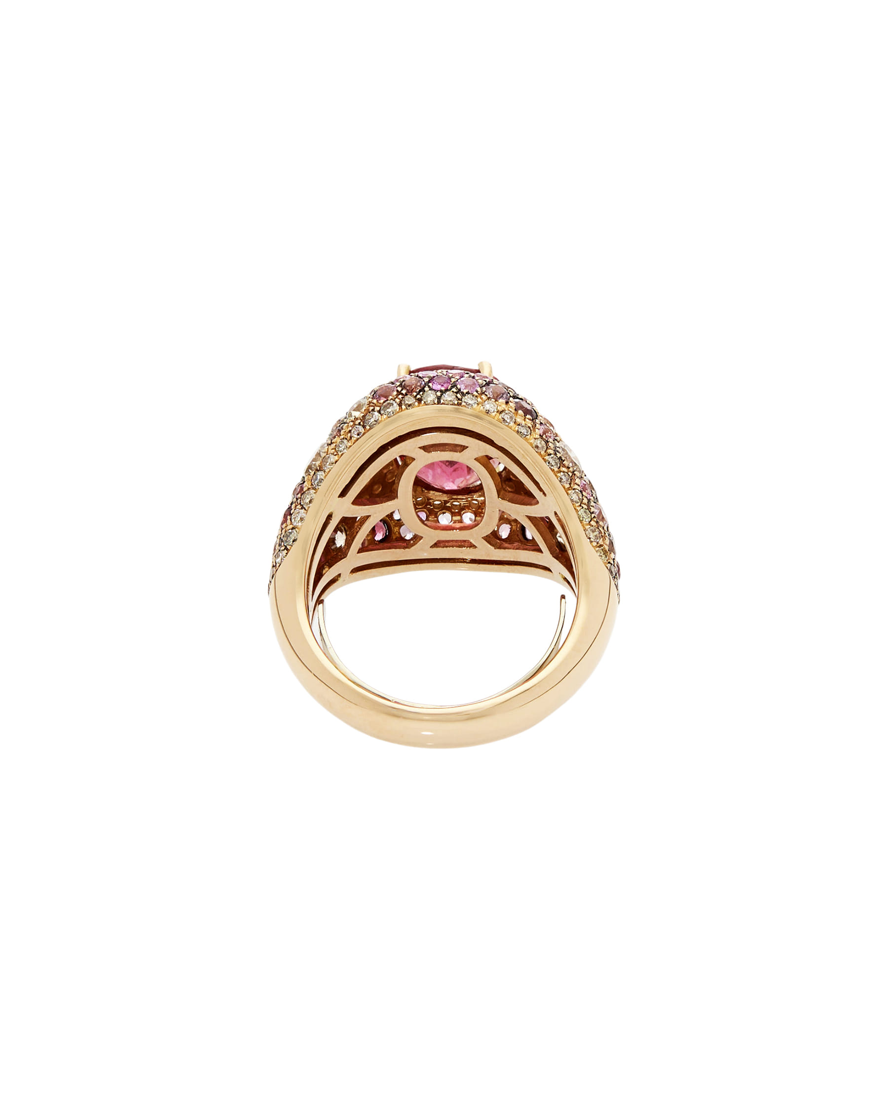 Anello cocktail in oro rosa con rubellite, diamanti champagne e zaffiri rosa-3