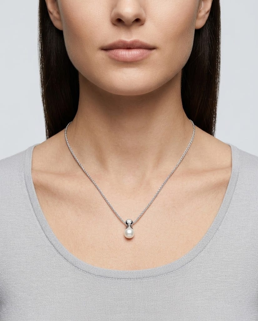 Collana in oro bianco con diamante e perla 7 mm-3