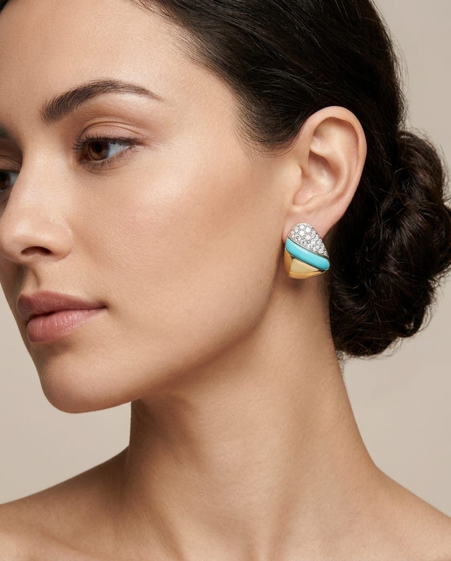 Orecchini leopizzo oro giallo diamanti e turchesi-3