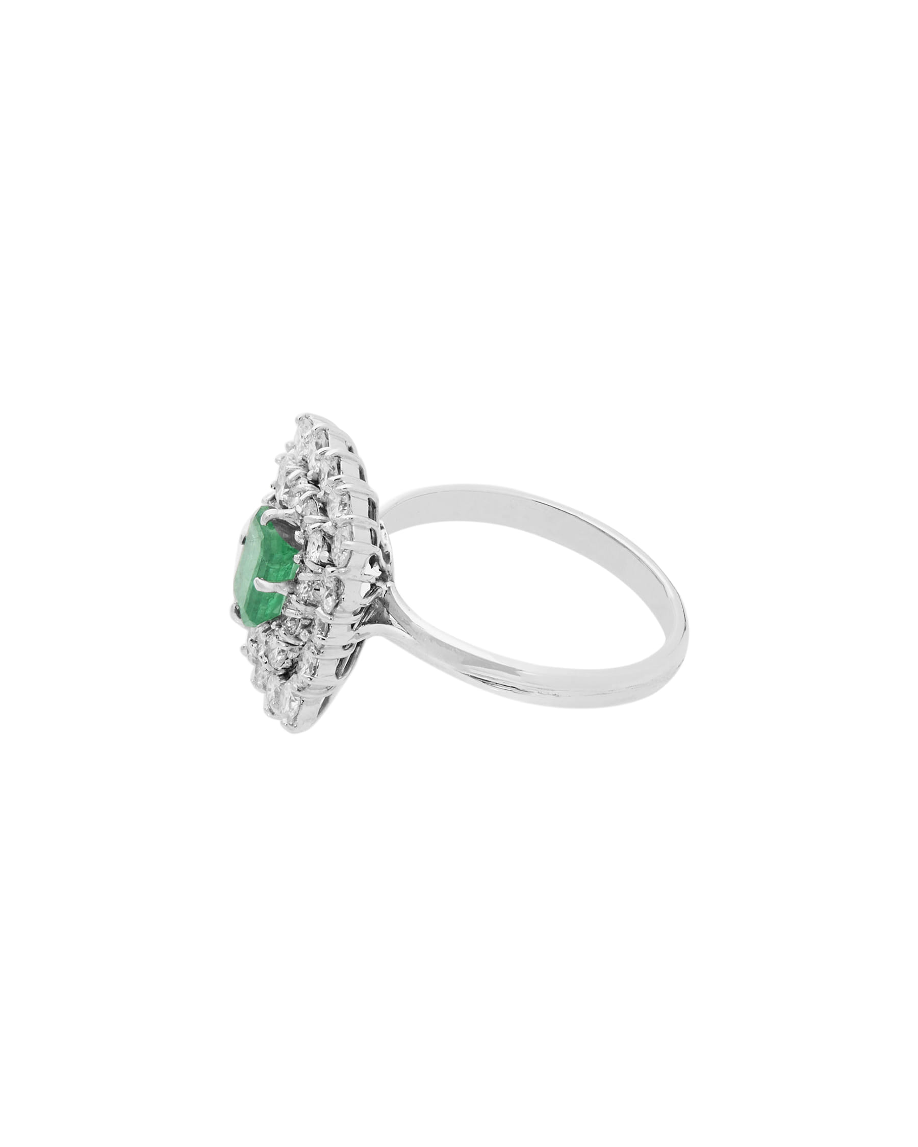 Anello fiore oro bianco con smeraldo centrale e doppio giro di diamanti-2