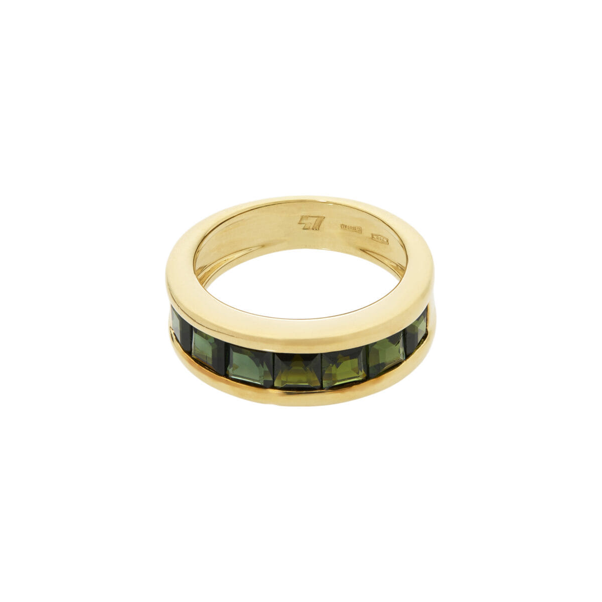 Anello veretta in oro giallo con tormaline verdi-1