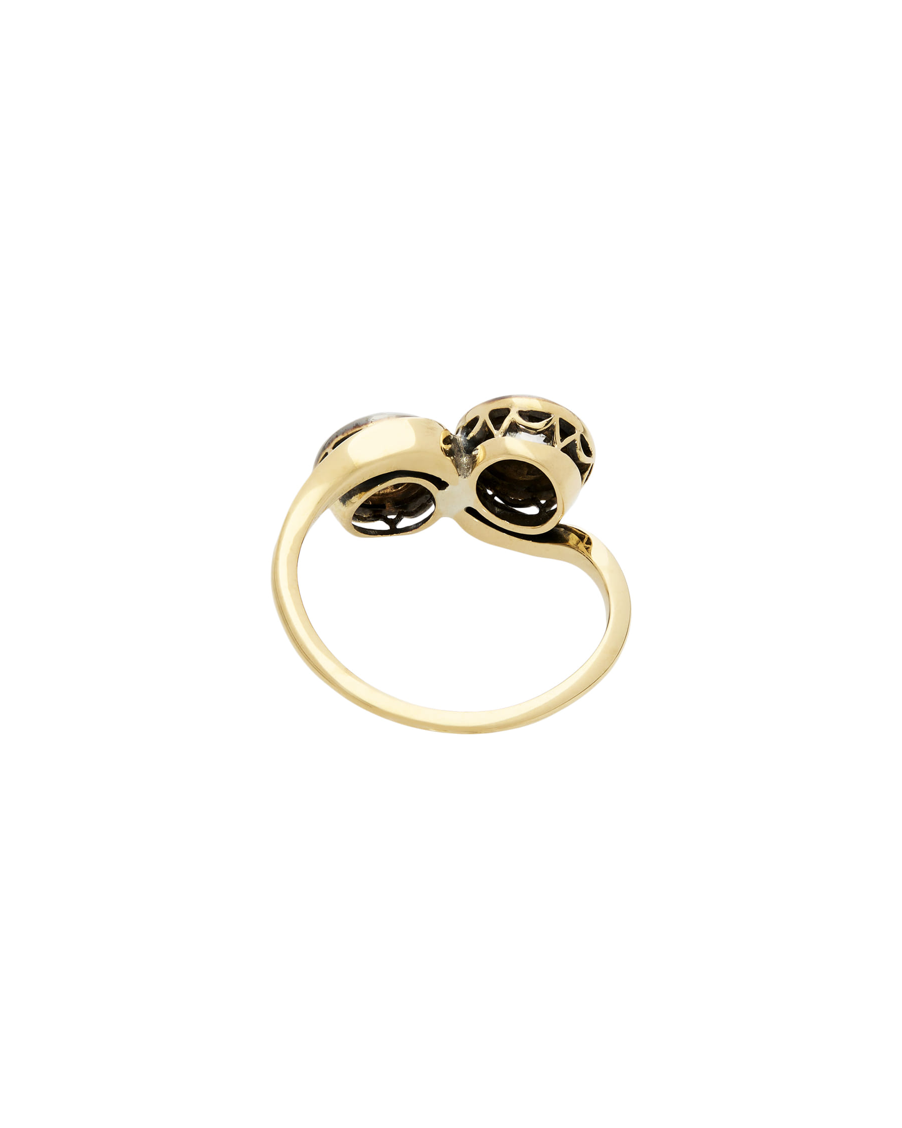 Anello contrarié antico in oro giallo e argento con due diamanti taglio vecchio-3