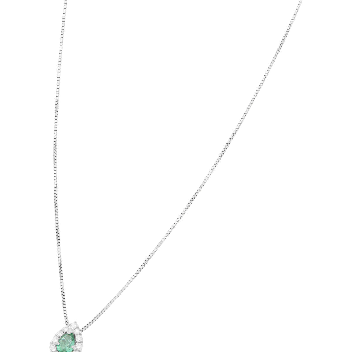 Collana dd gioielli in oro bianco con smeraldo a goccia e giro di diamanti-1