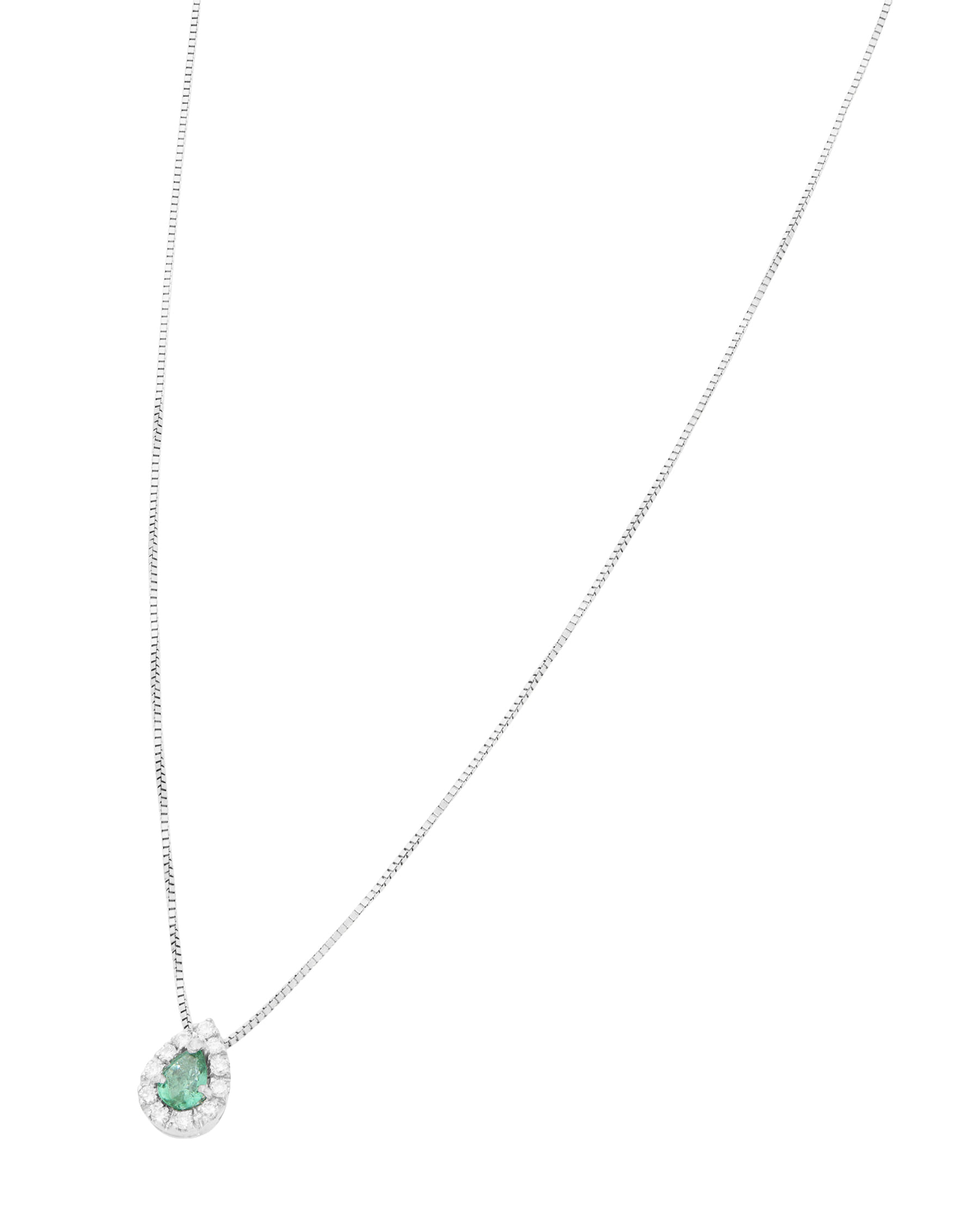 Collana dd gioielli in oro bianco con smeraldo a goccia e giro di diamanti-1