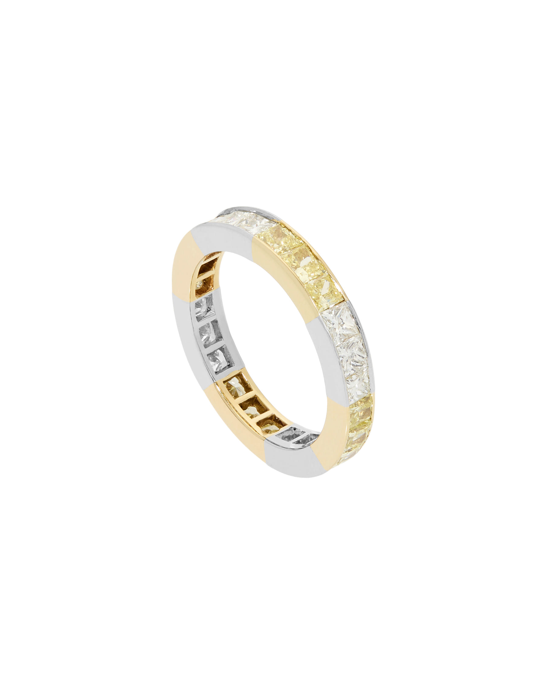 Anello eternity in oro bianco e giallo con diamanti princess colorless e fancy yellow-1