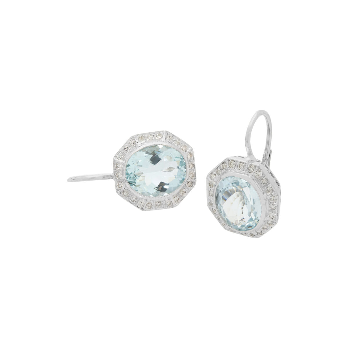 Orecchini in oro bianco forma ottagonale con diamanti e acquamarine-1