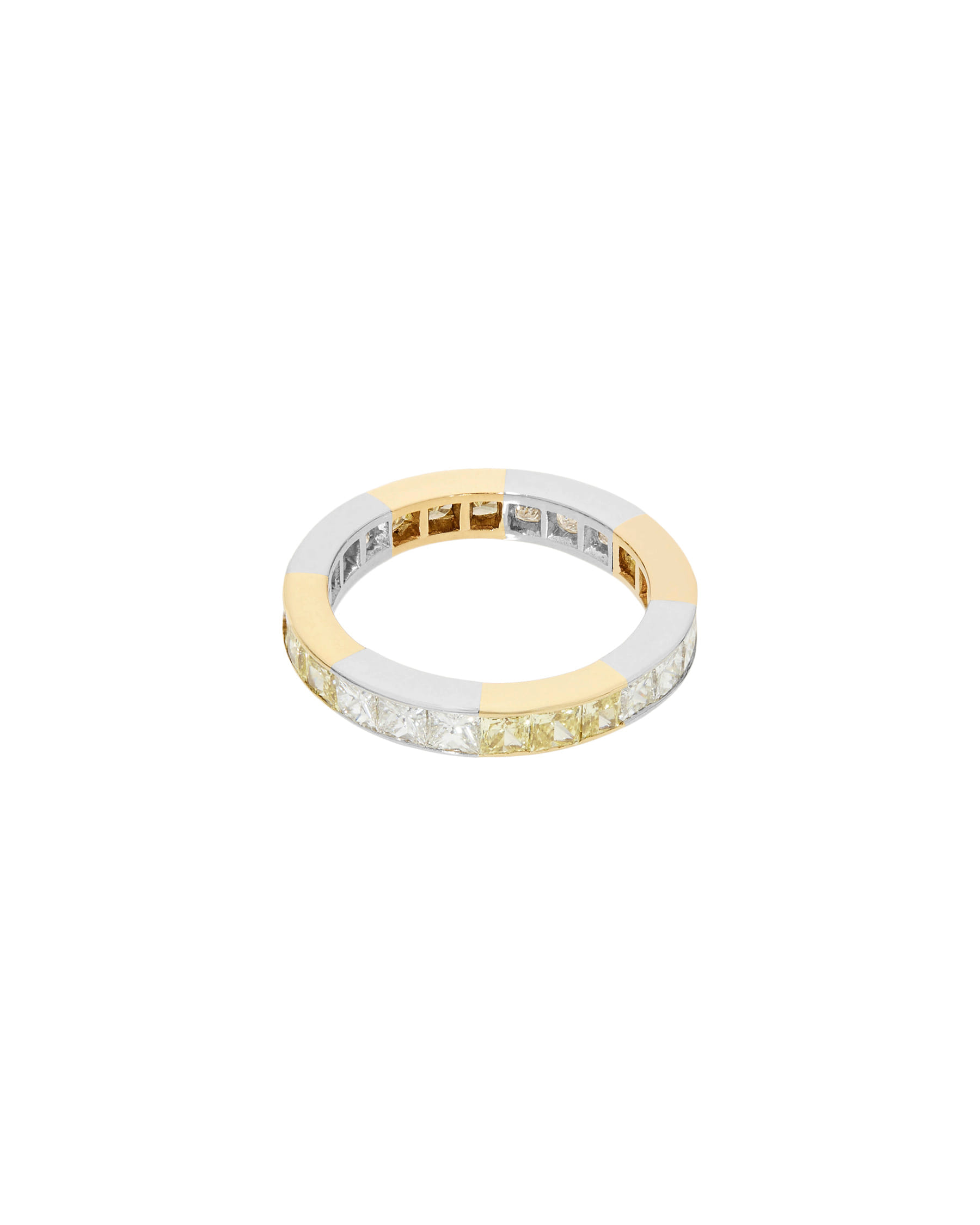 Anello eternity in oro bianco e giallo con diamanti princess colorless e fancy yellow-2