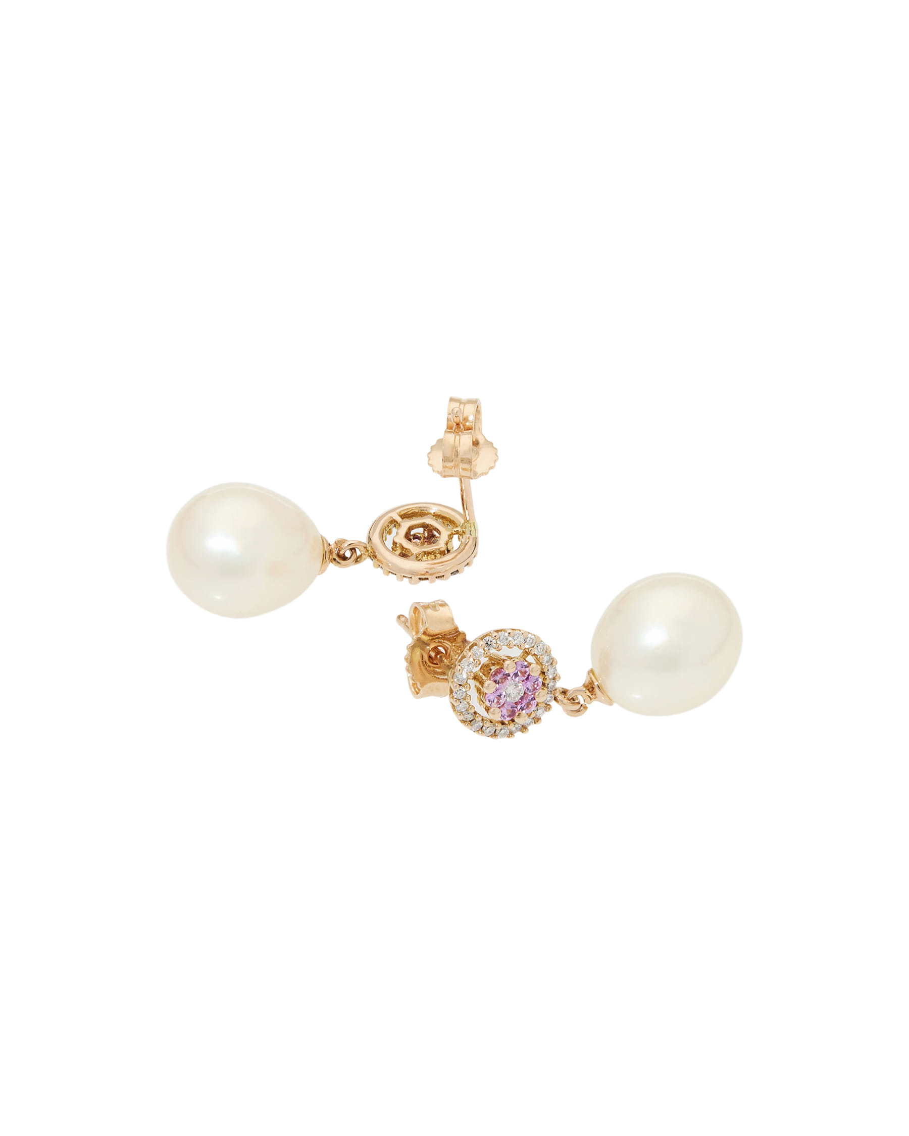 Orecchini pendenti in oro rosa con perle, diamanti e zaffiri rosa-2