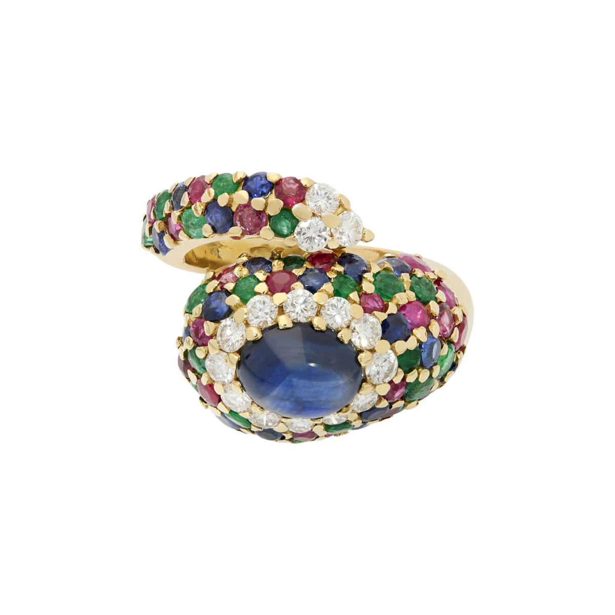 Anello contrarié chantecler in oro giallo con zaffiri, rubini, smeraldi e diamanti-1