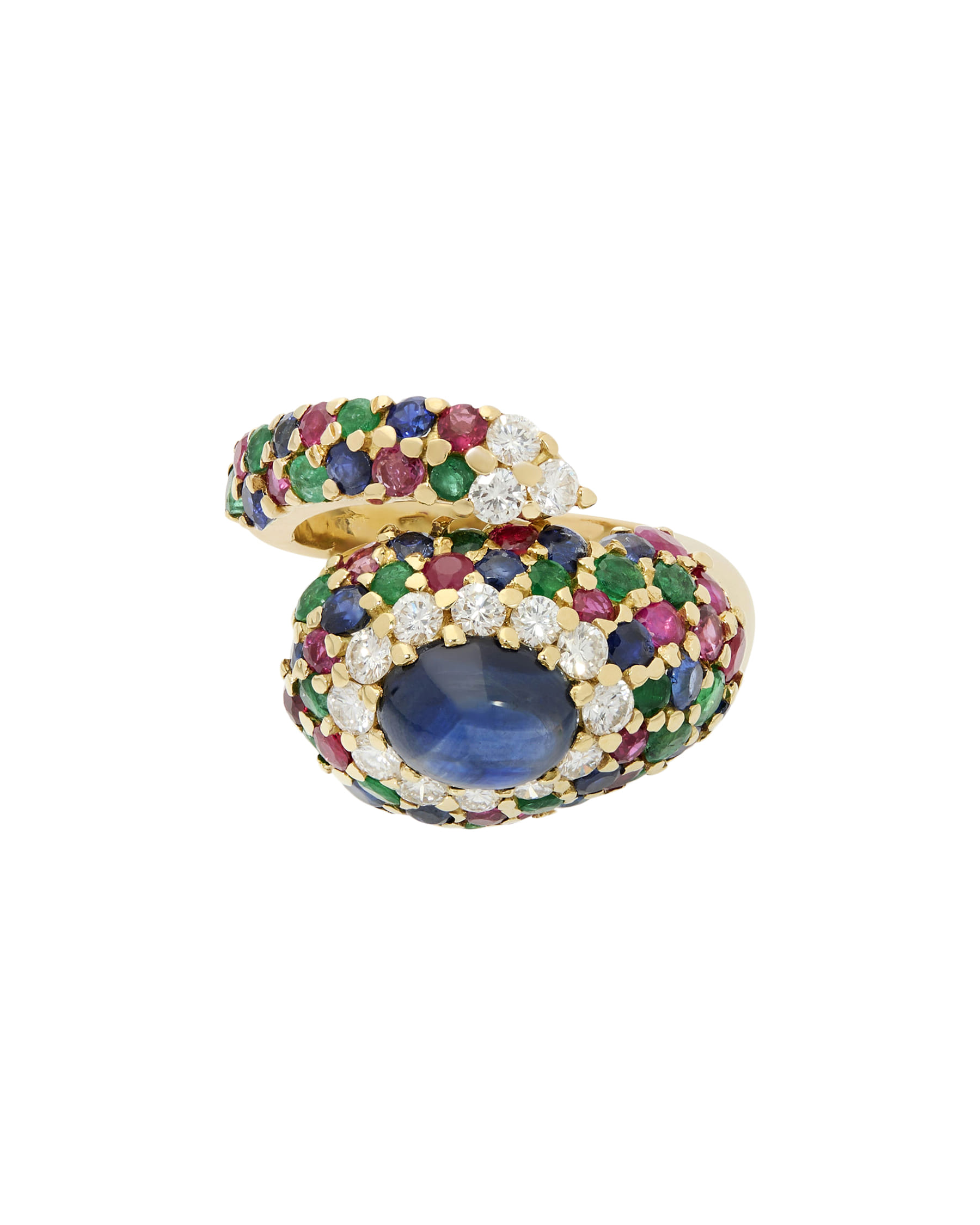 Anello contrarié chantecler in oro giallo con zaffiri, rubini, smeraldi e diamanti-1