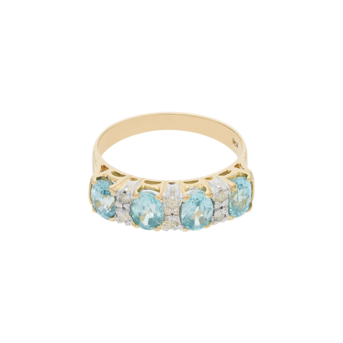 Anello veretta in oro giallo e bianco con zirconi azzurri e diamanti ice-1