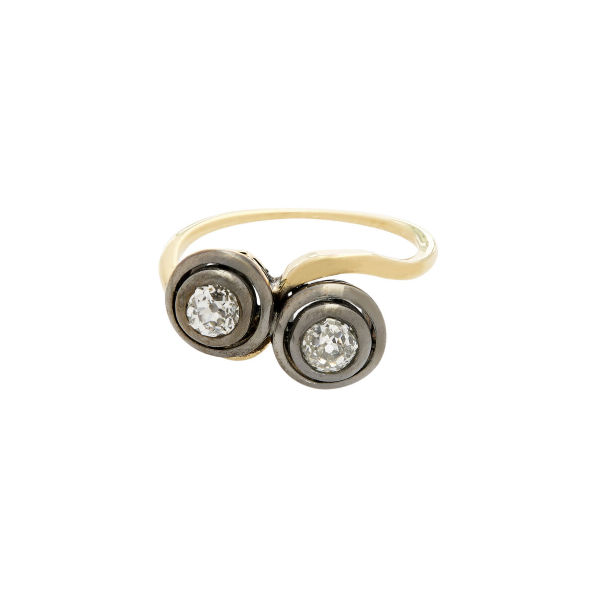 Anello contrarié antico in oro giallo e argento con due diamanti taglio vecchio-1