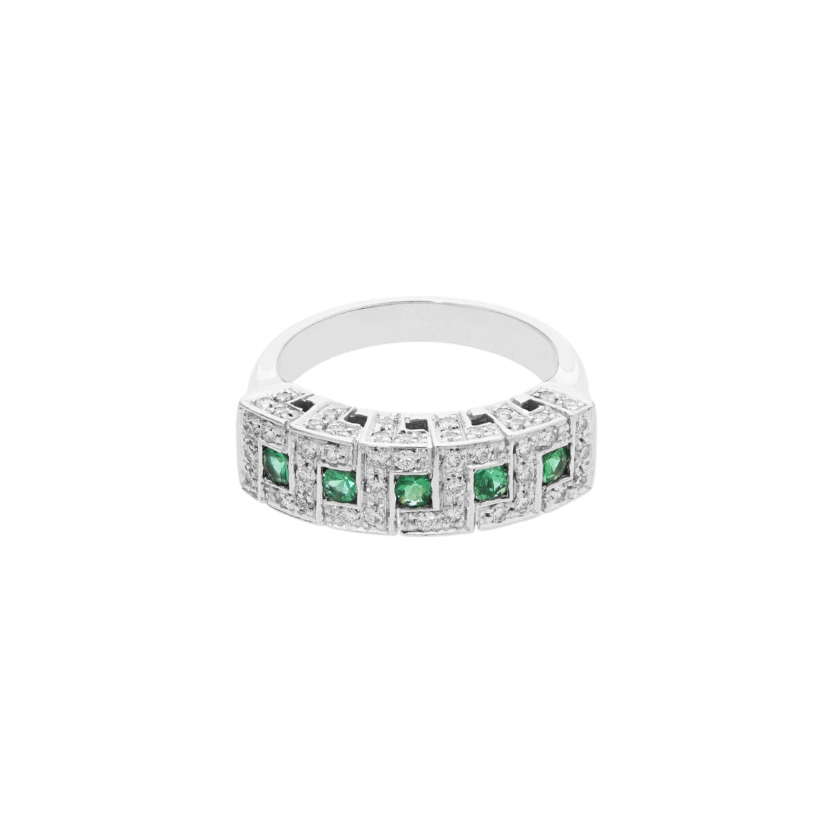 Anello fascia riviera in oro bianco con diamanti e smeraldi-1