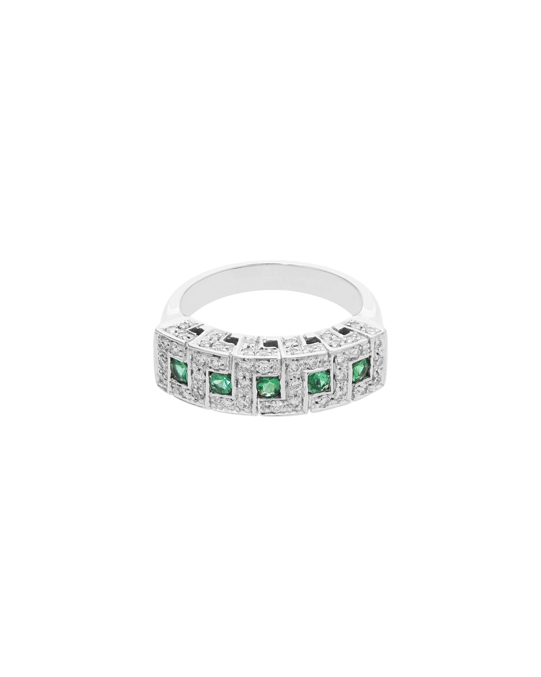 Anello fascia riviera in oro bianco con diamanti e smeraldi-1