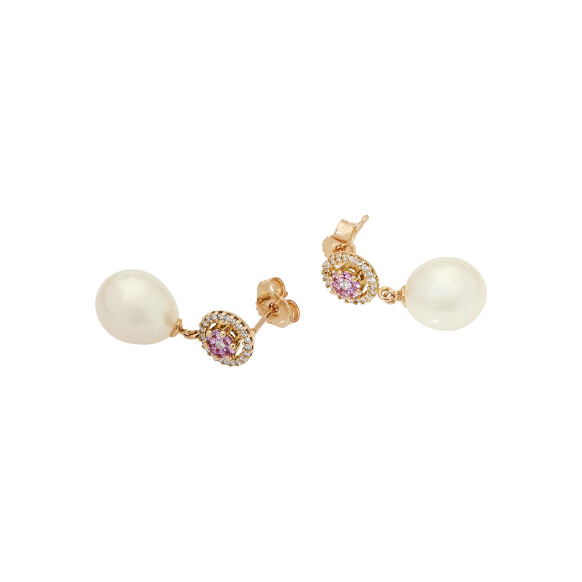 Orecchini pendenti in oro rosa con perle, diamanti e zaffiri rosa-1