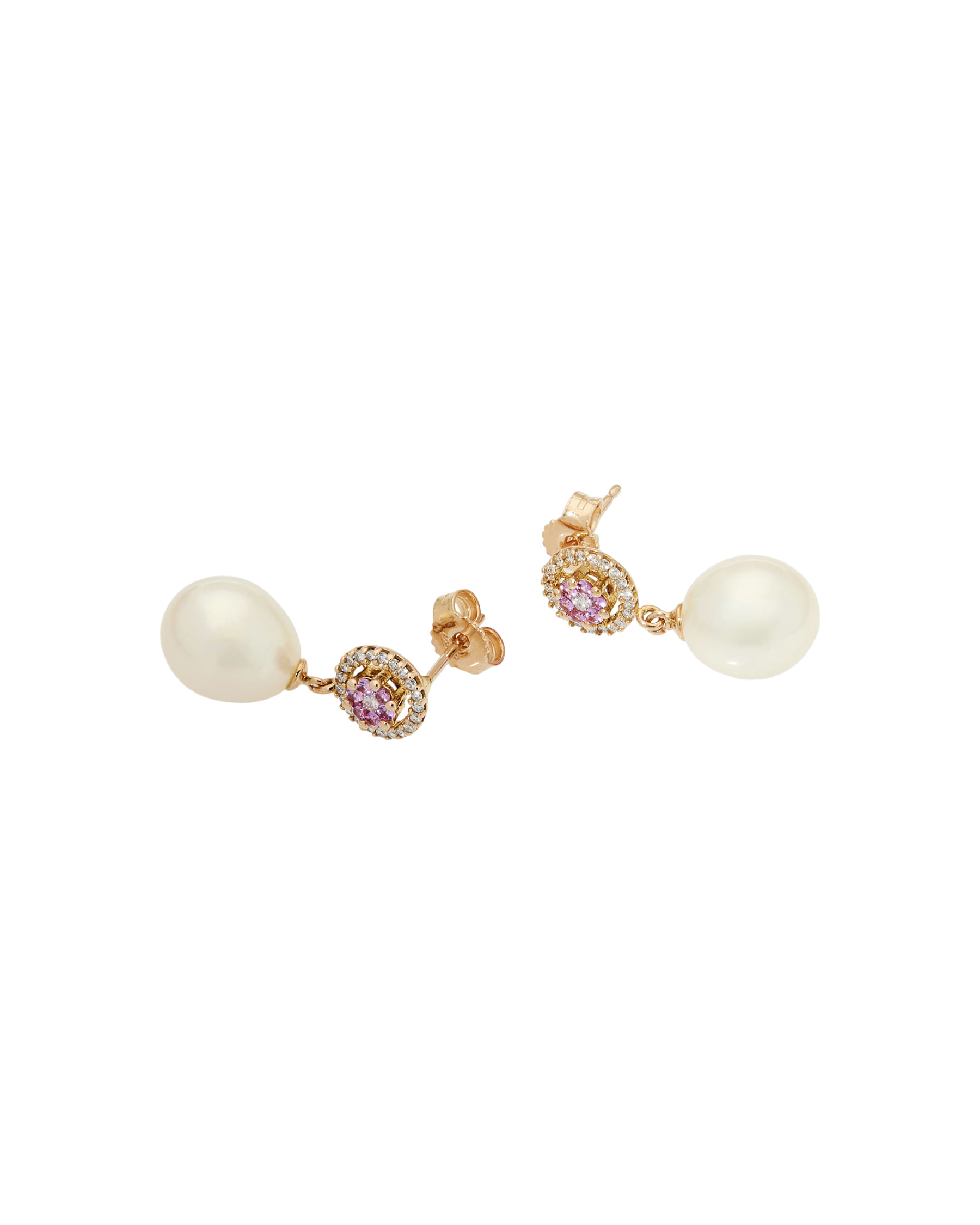 Orecchini pendenti in oro rosa con perle, diamanti e zaffiri rosa-1