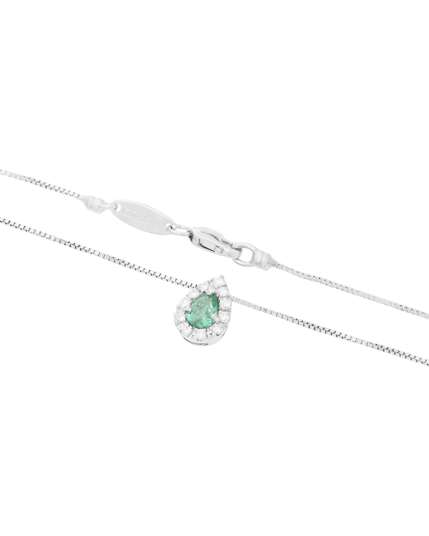 Collana dd gioielli in oro bianco con smeraldo a goccia e giro di diamanti-2